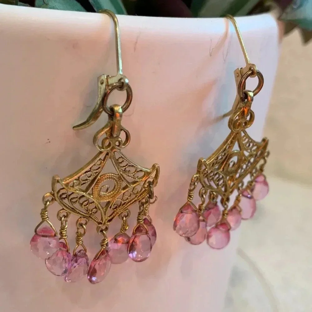 Handmade Pink Tourmaline Gold Vermeil Fan-Shaped Drop Earrings Bespoke Jewelry - Picture 2 of 5